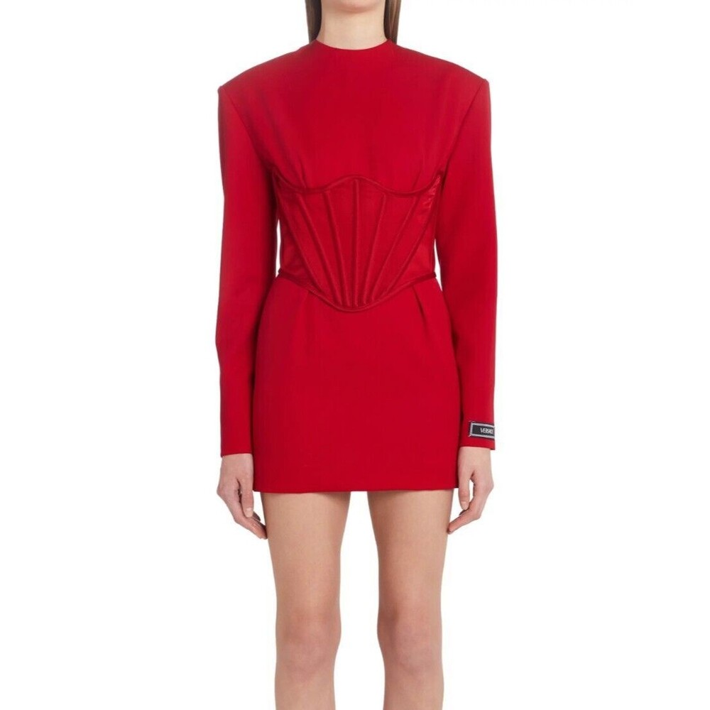 Versace Women's Virgin Wool Gabardine Corset Mini Dress Red Size 48 / US 12